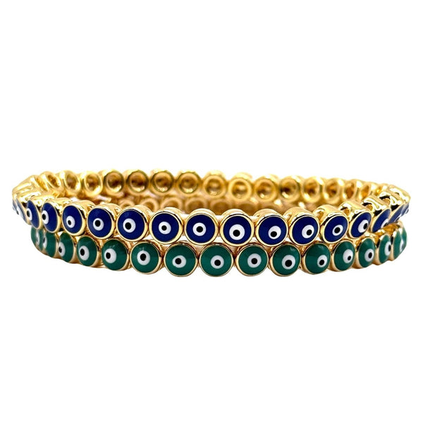 LLNY set of gold framed blue and green evil eye bracelets on a white background